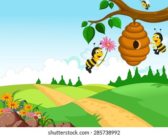 Dessin d'abeilles tenant une fleur et une ruche sur fond forestier