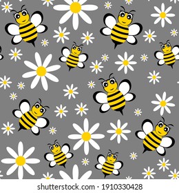Bees and chamomile flowers, cute, seamless pattern.Vector illustration.