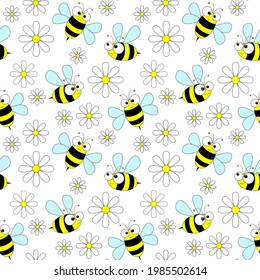 Bees and  chamomile flowers seamless pattern. Cute bee insects vector seamless background.