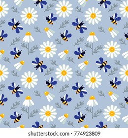 Bees and chamomile flowers. Seamless pattern.