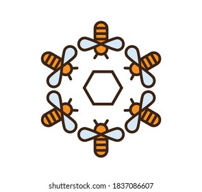 Abejas en un dibujo lineal circular. Cariño.
