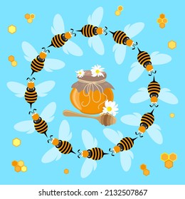 Bees circling around a jar of honey on a blue background with fragments of honeycombs