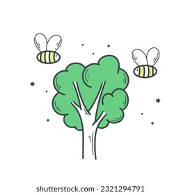 Bees circling on tree simple hand drawn illustration. Cute bees will collect nectar. Summer story, colored doodle, vector illustration