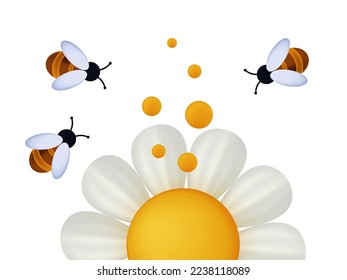 Bees collect nectar. Apiary, the process of collecting honey, pollinating flowers. White chamomile, daisy, gerbera. Flying insects, teamwork concept. Wild honey bee, wasp, bumblebee. Vector 3d.