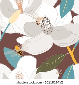 Bees collect nectar from the core of large flowers seamless vector pattern. EPS10