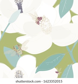 Bees collect nectar from the core of large flowers seamless vector pattern. EPS10