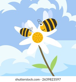 Bees collect nectar on white flowers. Illustration vector