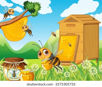 Bees collecting honey near a wooden beehive