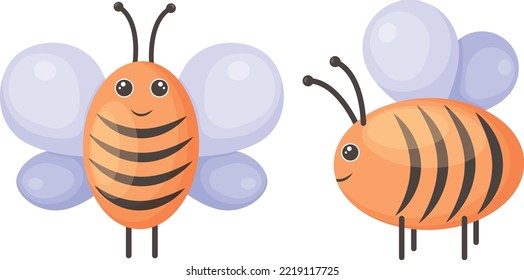 Bees. Cute cartoon bees. Image of a honey bee, side and front view. Children s illustration. On a white background. Vector