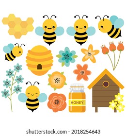 Bees сlipart. Cute bees, honey, beehive, bumblebees. Vector illustration