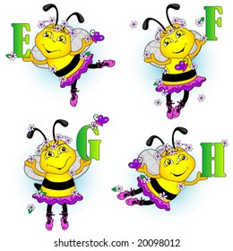Bees dancing with the alphabet, flowers and butterflies.