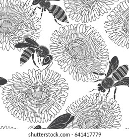 Bees and dandelions on a white background. Seamless  pattern. Black and white vector illustration.