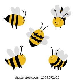 Bees in different positions. Flying insects, yellow striped. Isolated on white background. Flat vector illustration.