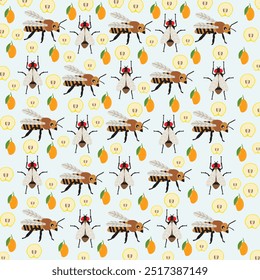 bees, flies and fruit as a pattern background