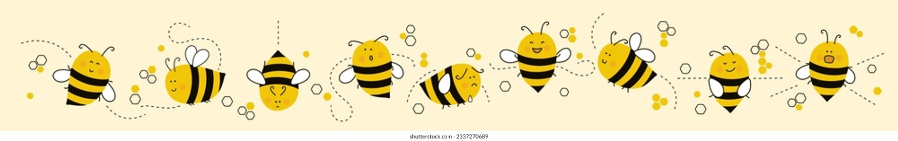 Tornos de vuelo de las abejas. 
Graciosas ilustraciones de vector dibujadas a mano aisladas en el fondo blanco. Uso para camisetas y diseño textil para niños, ropa de moda, ropa, estampado de camisetas, recuerdos