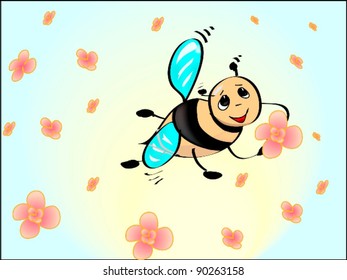 Bees with a flower flies across the field