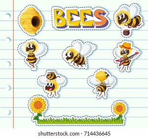 Bees and flower garden on line paper illustration