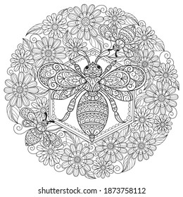 Bees in flower.
Zentangle stylized cartoon isolated on white background. 
Hand drawn sketch illustration for adult coloring book. 
