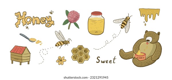 Abejas, flores, osos e ilustraciones vectoriales de miel.