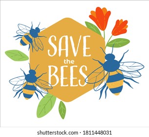 Abejas con flores y colmena, banner aislado con inscripciones e insectos. Biodiversidad en peligro e industria apícola, producción ecológica y ecológica. Vector de estilo plano