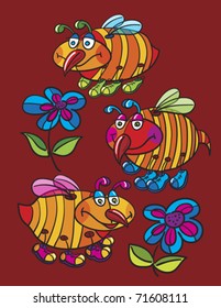 bees and flowers cartoon, abstract vector art illustration