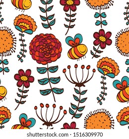 Bees and flowers. Children's vector seamless pattern. Can be used in textile industry, paper, background, scrapbooking.