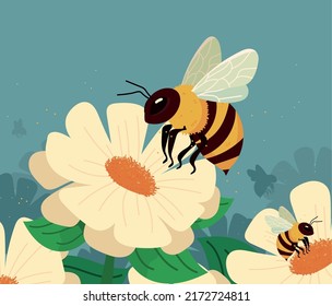 bees and flowers collecting pollen