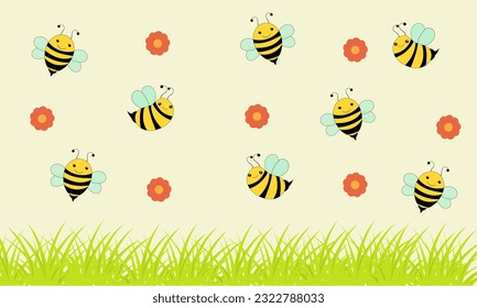 Bees and flowers colorful background vector illustration. Happy bee character