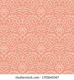 Bees and flowers damask seamless vector pattern in pink. Classic style ornamental surface print design in pastel colors. For backgrounds, fabrics, stationery and packaging.