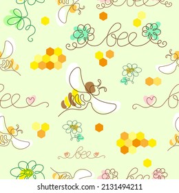 Bienen und Blumen mit dekorativen Elementen kombiniert in einem nahtlosen Muster auf hellem Hintergrund