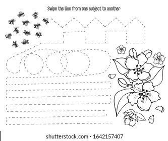 Bees and flowers. Educational game. Draw a line from one object to another-Vector graphics.