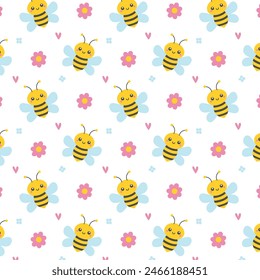 Bees, flowers and hearts on white seamless pattern. Cute childish nature design in cartoon flat style for cover, print. Vector illustration.