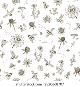 Bees, flowers and herbs vector seamless line pattern.