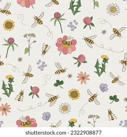 Bees, flowers and herbs vector seamless pattern.