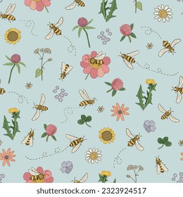 Abejas, flores y hierbas vectoriales sin fisuras.