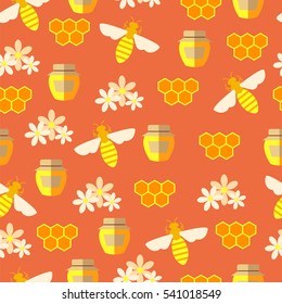 Bees, flowers, honeycomb and honey in the jar. Seamless pattern. Flat design.