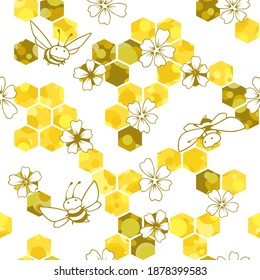 Bees flowers and honeycomb pattern with bubbles on white background