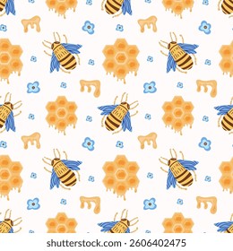 Bees, flowers, honeycombs with honey seamless pattern drawn in doodle style, vector. Background for beekeeping, bright spring children pattern with yellow honeycombs of honey. For packaging, textiles.