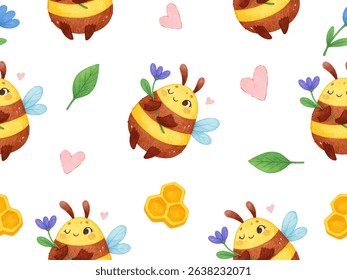 Bees, flowers on white background. Fabric pattern