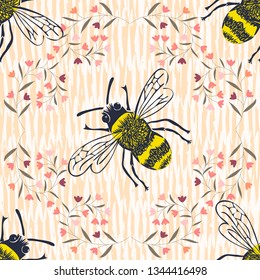 bees and flowers pattern seamless hand drawn vector