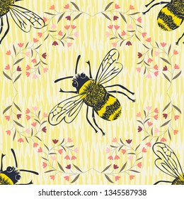 bees and flowers pattern seamless hand drawn vector