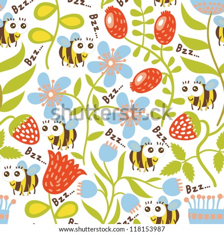 Bees and flowers. Seamless pattern