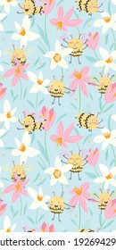 Bees and flowers. Seamless pattern, flat design