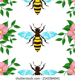 Bees and flowers, seamless pattern, vector illustration