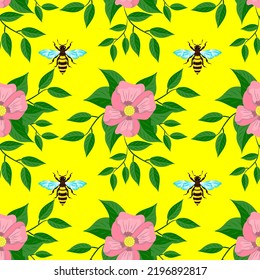Bees and flowers, seamless pattern, vector illustration
