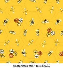 Bees and flowers seamless vector pattern on yellow honeycomb background surface pattern design