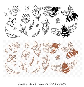 Bees and flowers set, monochrome vector drawing, doodle illustration