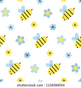 Bees and flowers simple childly seamless vector pattern on white background