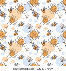 bees and flowers vector seamless pattern
