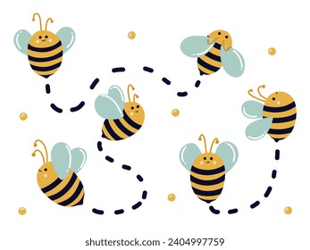 Bees fly in different directions. A set of doodle bees with a direction. Child development connect two elements